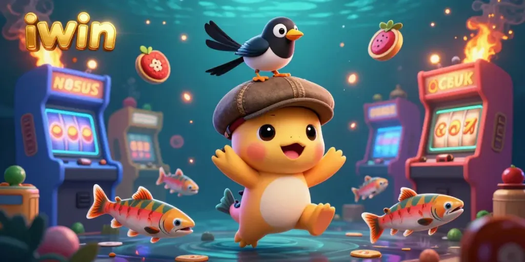 Experience thrilling iwin gameplay with cartoon Nessie, gold magpie, and colorful casino elements.