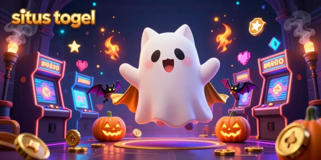 Engage in situs togel with a whimsical ghost cat floating through a haunted casino filled with glowing gaming elements.