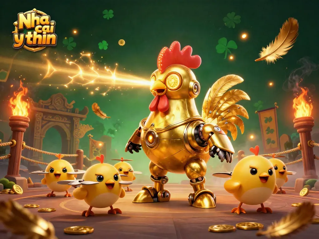 Nha cai uy tin showcases golden rooster robot leading a gaming adventure through a vibrant casino scene.