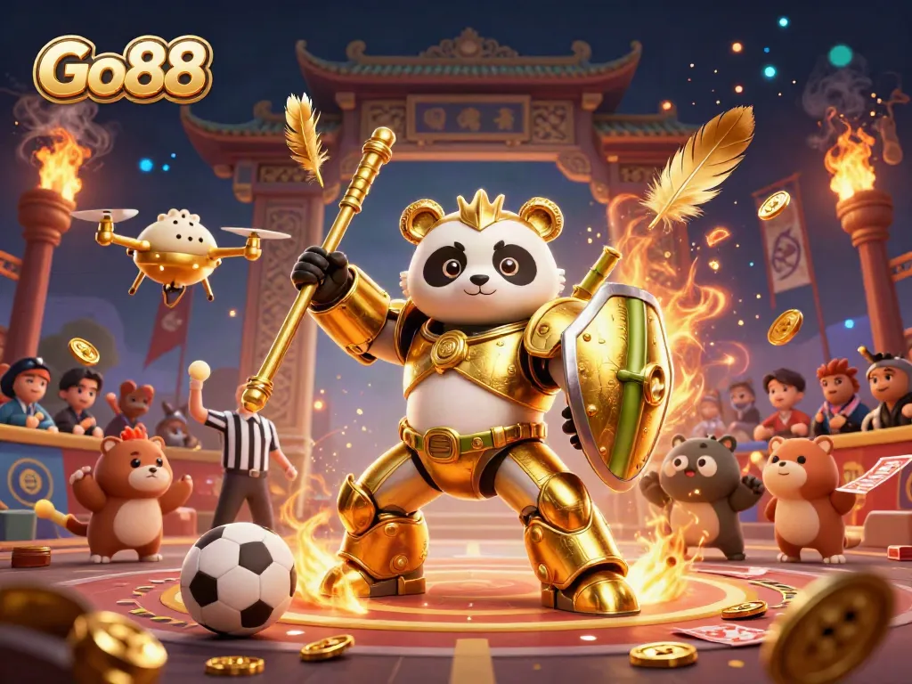 Engage in thrilling sports betting action with Go88 featuring a golden panda and a dynamic arena.