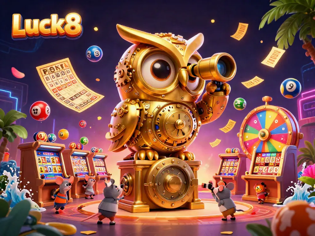 Experience thrilling gambling action at Luck8 with a dynamic casino scene featuring vibrant lottery elements.