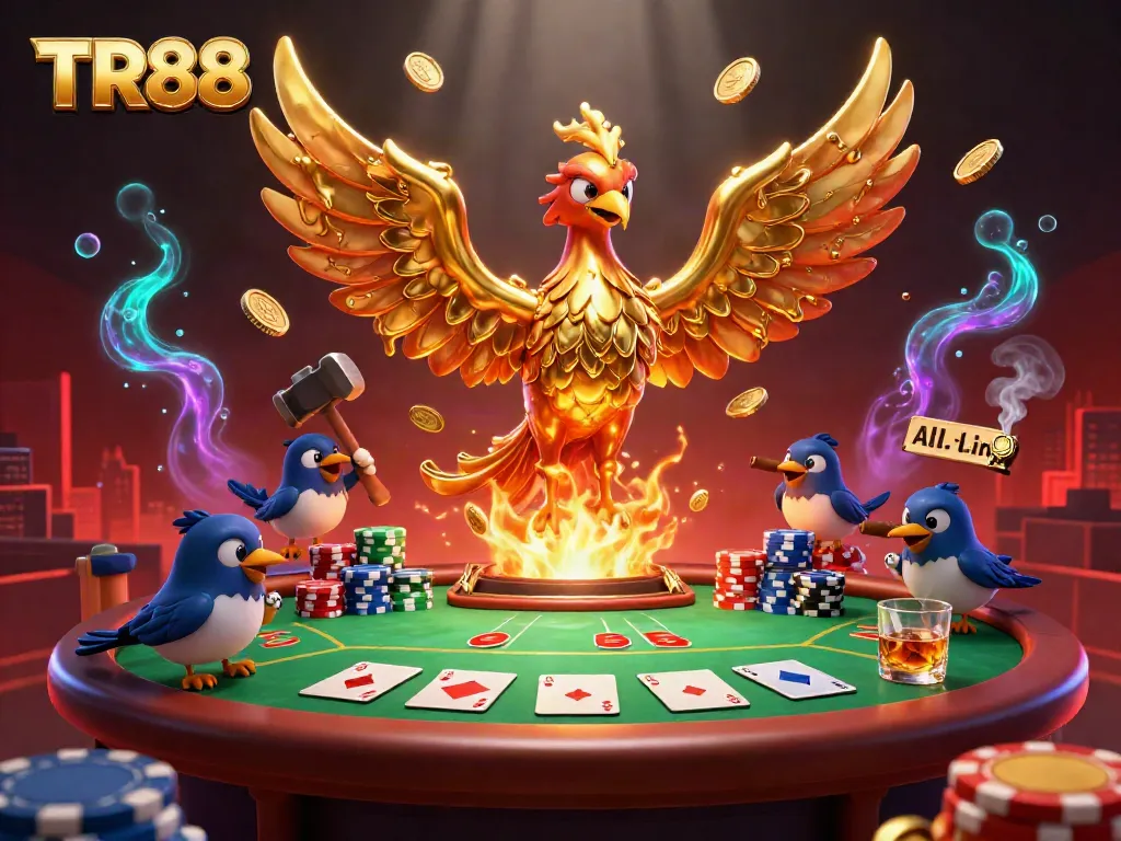 A vibrant casino scene featuring TR88 with a molten gold phoenix, poker cards, and stacks of colorful chips.