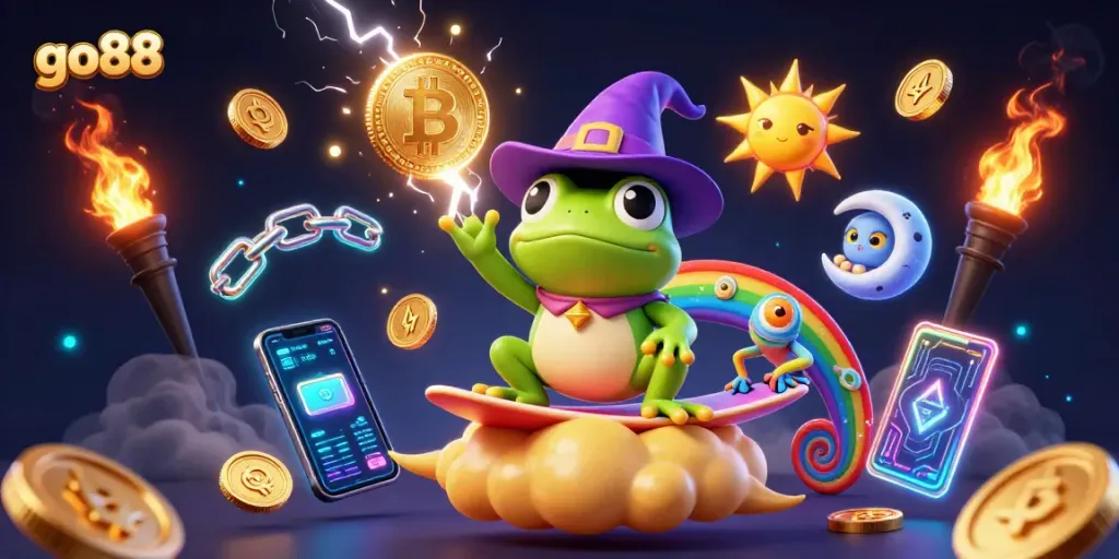 Experience exciting gameplay at go88 with a vibrant scene showcasing a wizard frog and chameleon amidst a storm of coins.