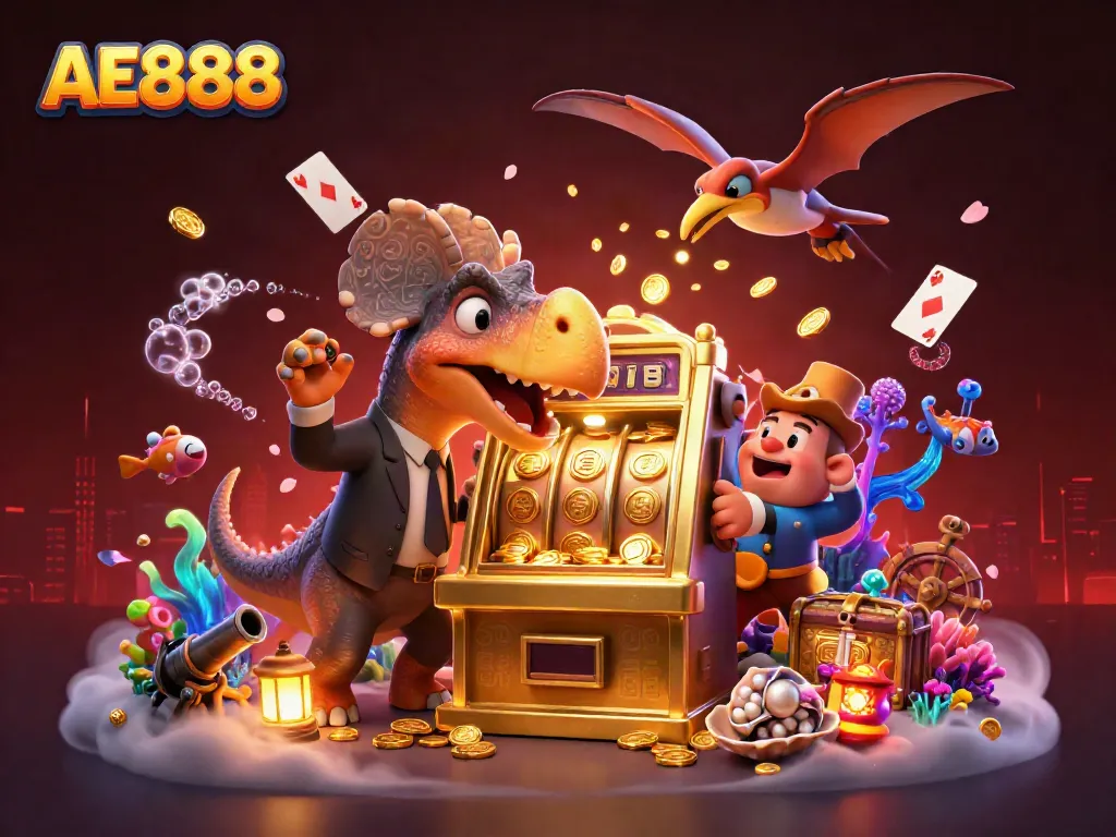 A 3D cartoon scene of the AE888 casino featuring a pachycephalosaurus winning in a jackpot with animated characters.