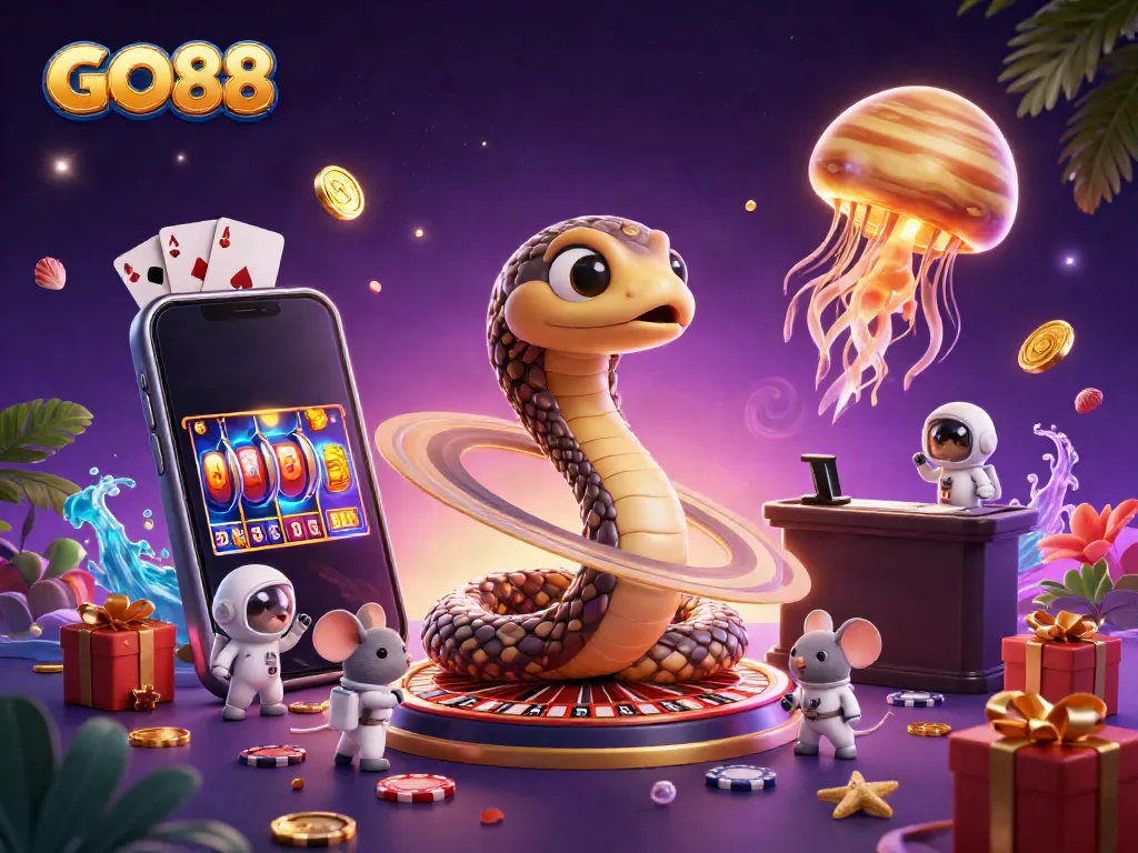 Experience the thrill at GO88 with a cosmic gambling scene featuring a Saturn snake, astronaut mice, and vibrant casino elements.
