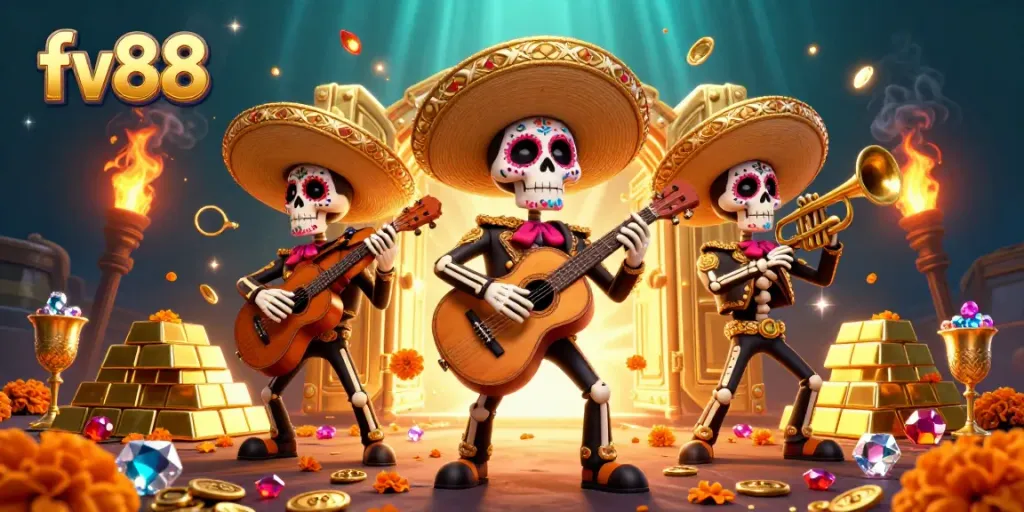 Experience the thrill of fv88 with a vibrant mariachi band surrounded by treasures and casino elements.