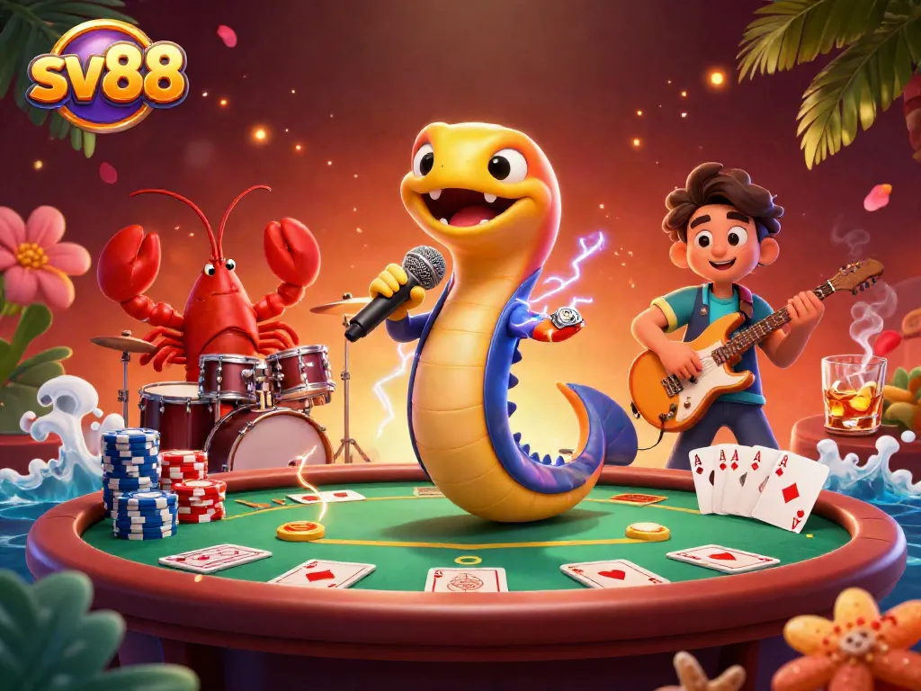 sv88 electric eel DJ performing underwater alongside lobster drummer and seahorse guitarist