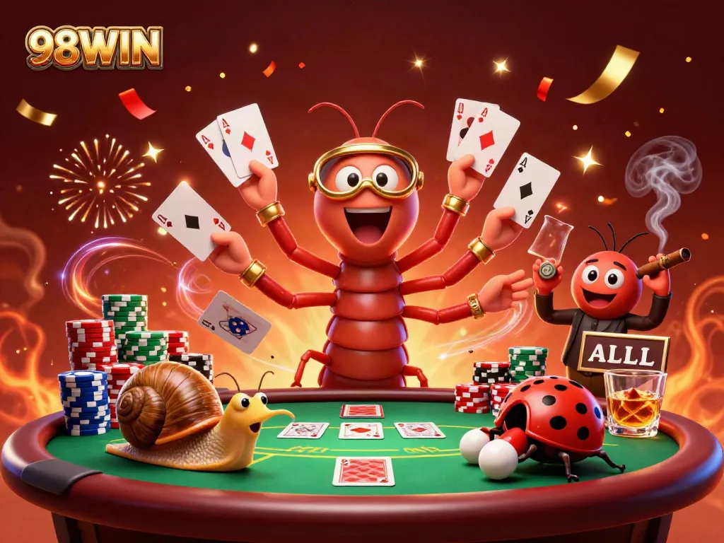Engage with the thrilling atmosphere of 98WIN, showcasing a vibrant cartoon casino scene with playful elements and rich details.