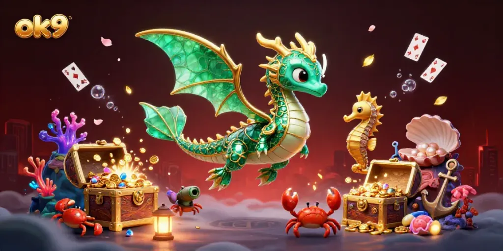 Spin the reels with the emerald sea dragon and treasures in the vibrant underwater casino scene featuring ok9.