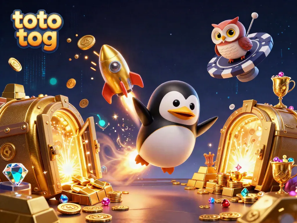Experience the excitement of toto tog in a vibrant 3D illustration featuring a golden penguin and treasures.