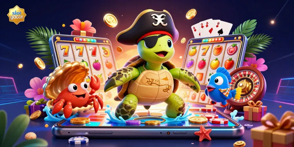 Slot gacor illustration showcasing a pirate turtle, crab, and parrotfish over dynamic slot game elements, emphasizing vibrant visuals.