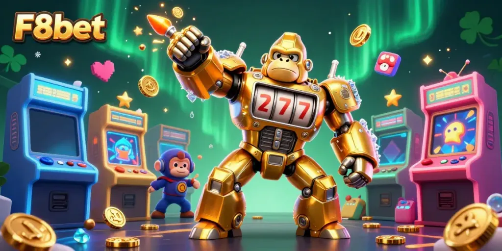 Experience the thrill of F8bet with a vibrant 3D golden gorilla mech and dynamic gaming elements.