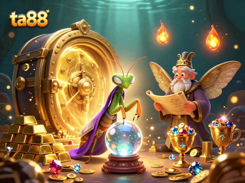 Spin to win at ta88 with a magical fortune teller and treasures in a vibrant casino scene.