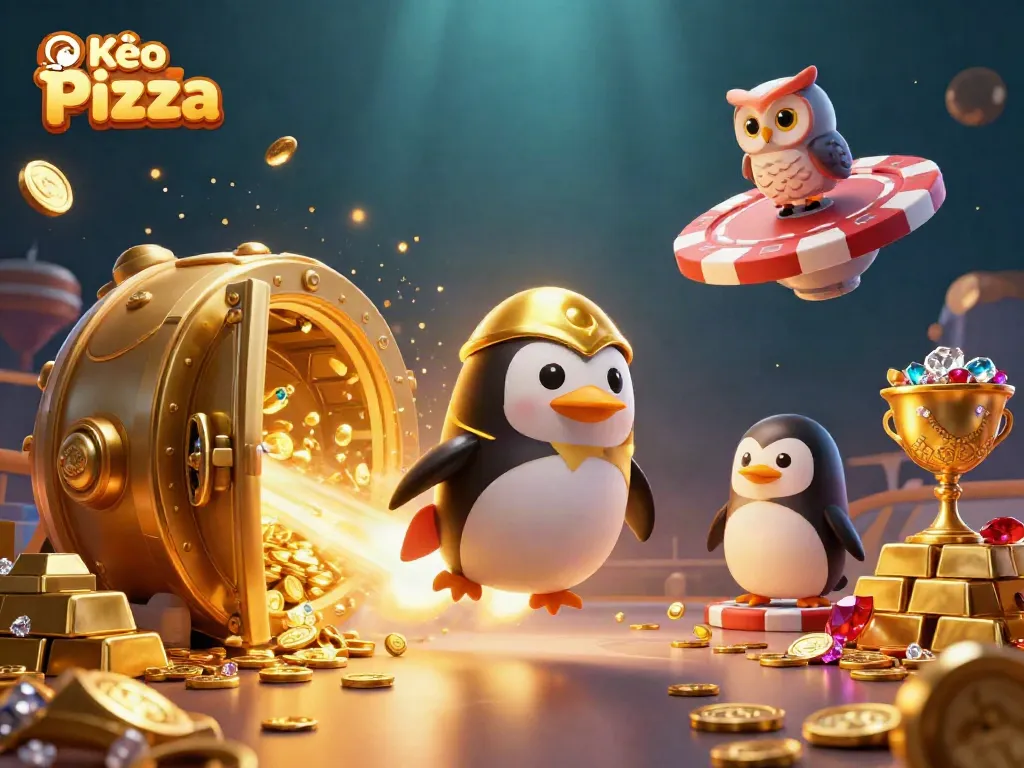 Kèo Nhà Cái Pizza showcases a golden penguin flying towards a casino station filled with treasures and coins.