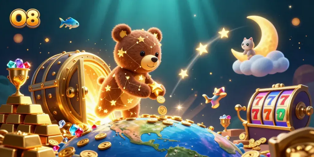 Experience the magic of O8 as the constellation bear scoops coins amidst dazzling slot reels and treasures.