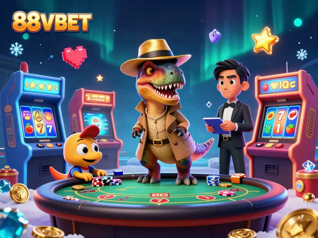 Engage with the vibrant 88VBET scene featuring a clever velociraptor at blackjack amidst colorful gaming elements.