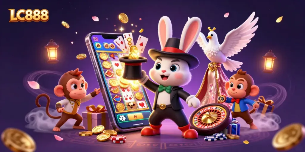 Engage in the excitement of LC888 with a magical scene featuring casino elements and lively characters.