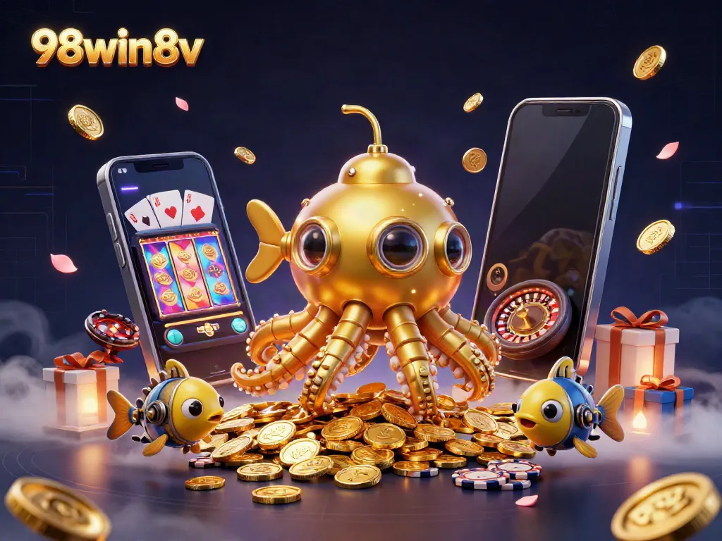 Experience thrilling gameplay at 98win8v with a vibrant illustration of magical slot machines and gold coins.