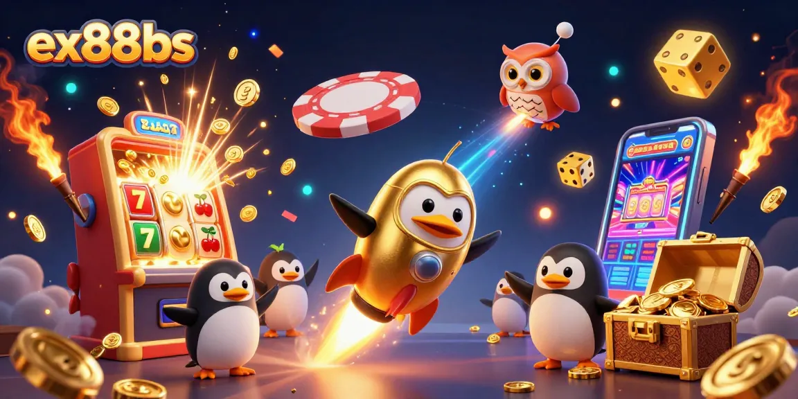 Win big with ex88bs at the cosmic casino featuring a golden penguin and slot machines.