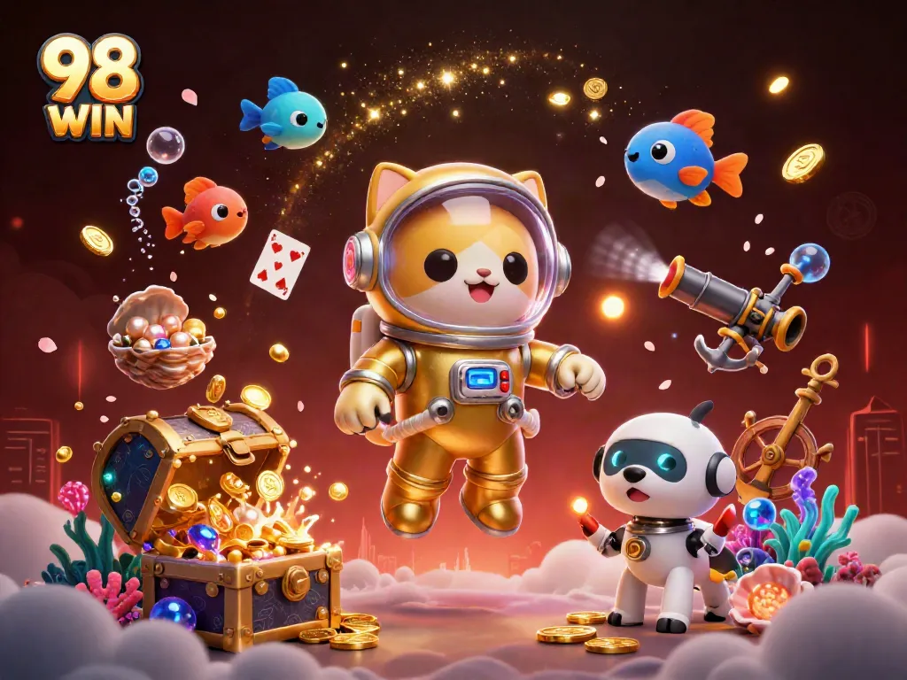 Engage in thrilling gameplay at 98 WIN, featuring exciting casino characters and vibrant elements.