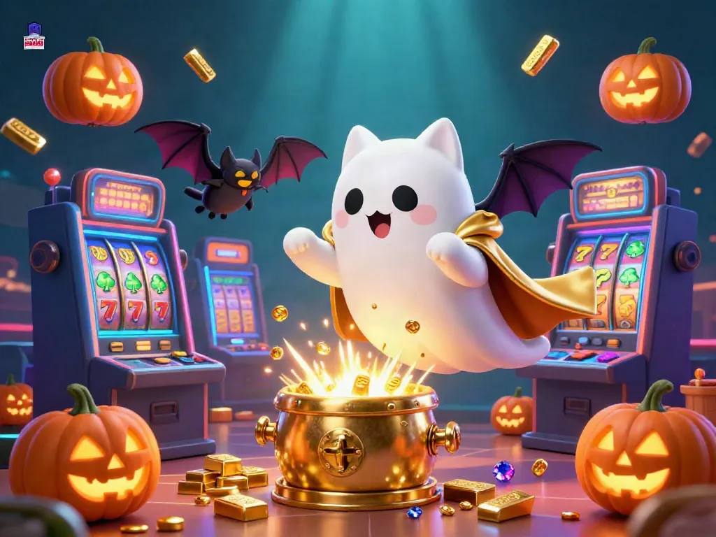 Spin and win at SAWA888 with a vibrant casino scene featuring ghost cat and treasures.