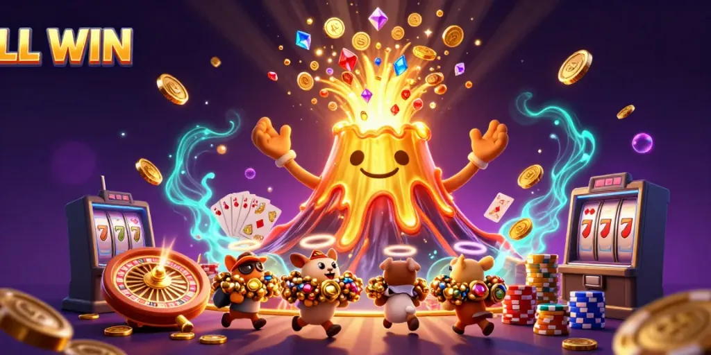 Engage with the thrilling LL WIN casino experience featuring a golden volcano erupting coins and gems, capturing the excitement.