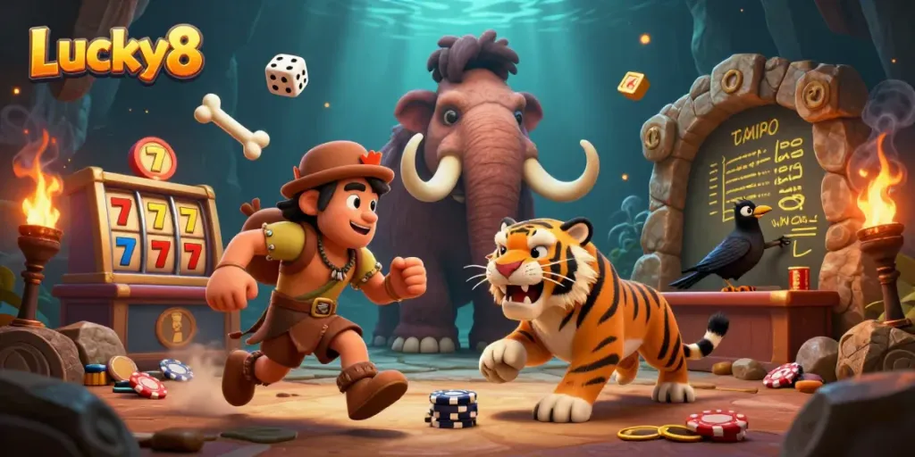 Experience the excitement of Lucky8 with a vibrant prehistoric casino scene featuring animated characters.