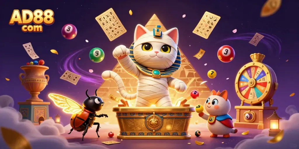 Experience the thrill of AD88 com in this dynamic lottery-themed 3D casino illustration.