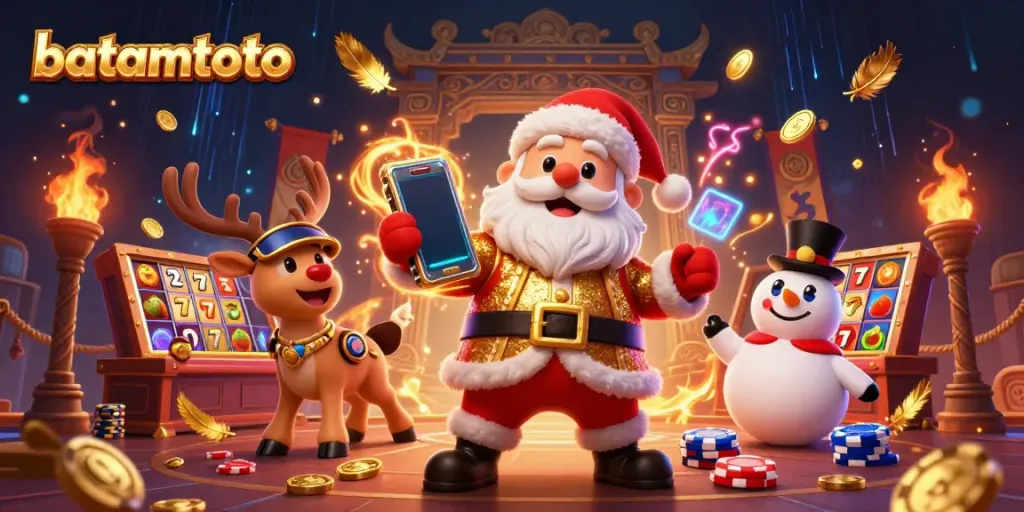 Experience the excitement of batamtoto with a festive Santa and gaming elements in this vibrant illustration.
