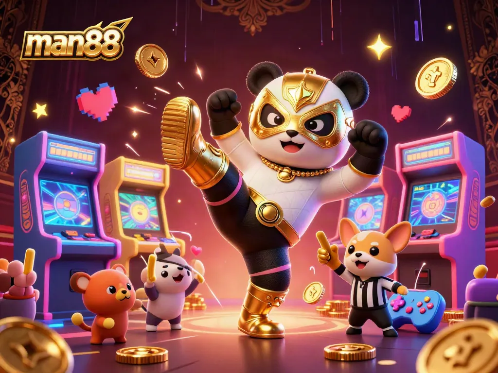 Experience man88's electrifying gaming scene with a panda wrestler kicking through vibrant casino action.