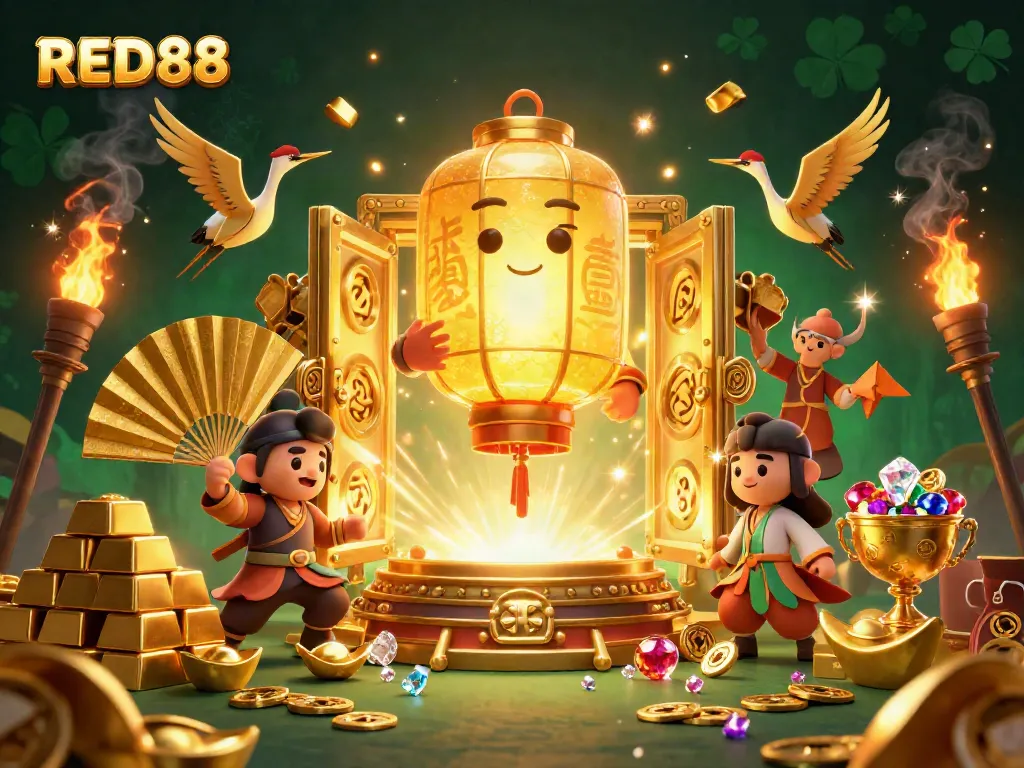Experience excitement with RED88 in a vibrant 3D casino scene, featuring golden lanterns and treasures.