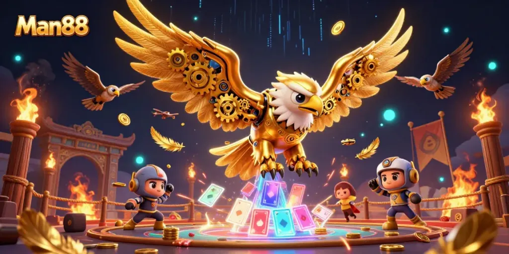 Experience thrilling wins at Man88 with a cybernetic eagle soaring through a vibrant casino scene.