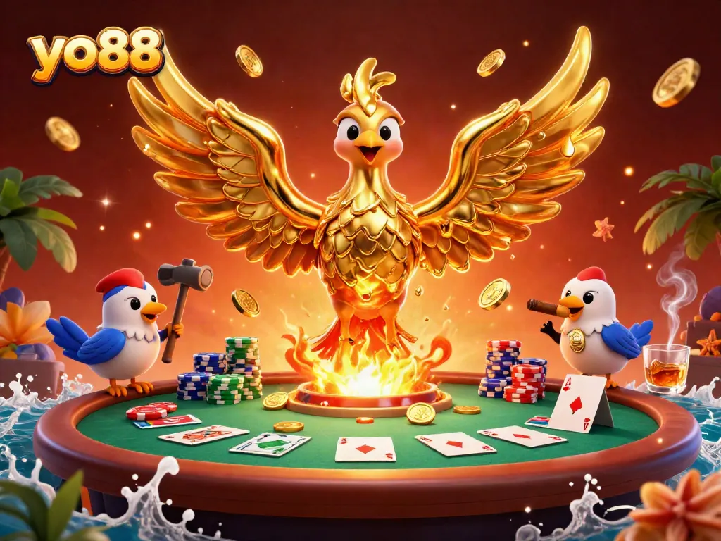 Experience the excitement of yo88 with a golden phoenix emerging from the forge, surrounded by poker elements.