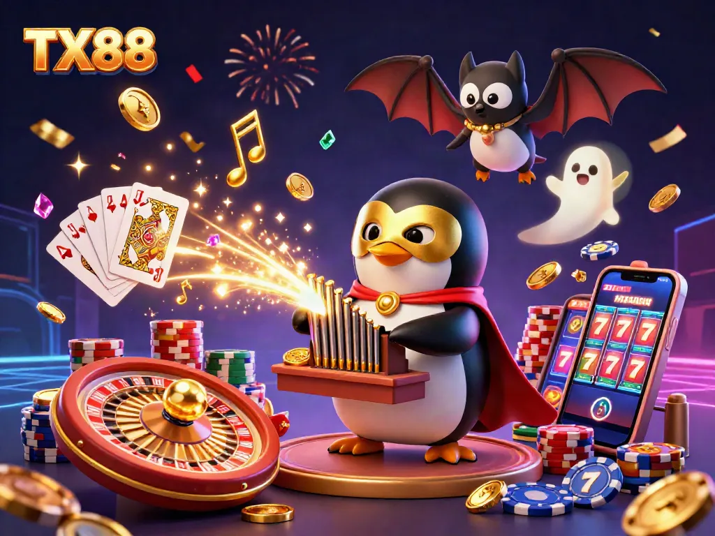 Engage in thrilling gambling excitement at TX88 with a vibrant casino illustration featuring coins, cards, and games.