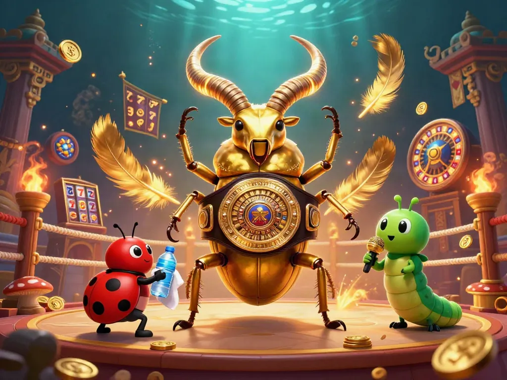 FLY88 gaming scene features a giant golden stag beetle champion, ladybug corner-man, and caterpillar announcer in a lively casino atmosphere.