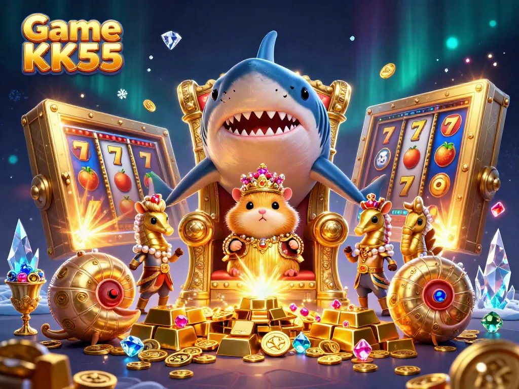 Spin the vibrant reels in Game KK55 with a golden hamster king amidst treasures and casino elements.