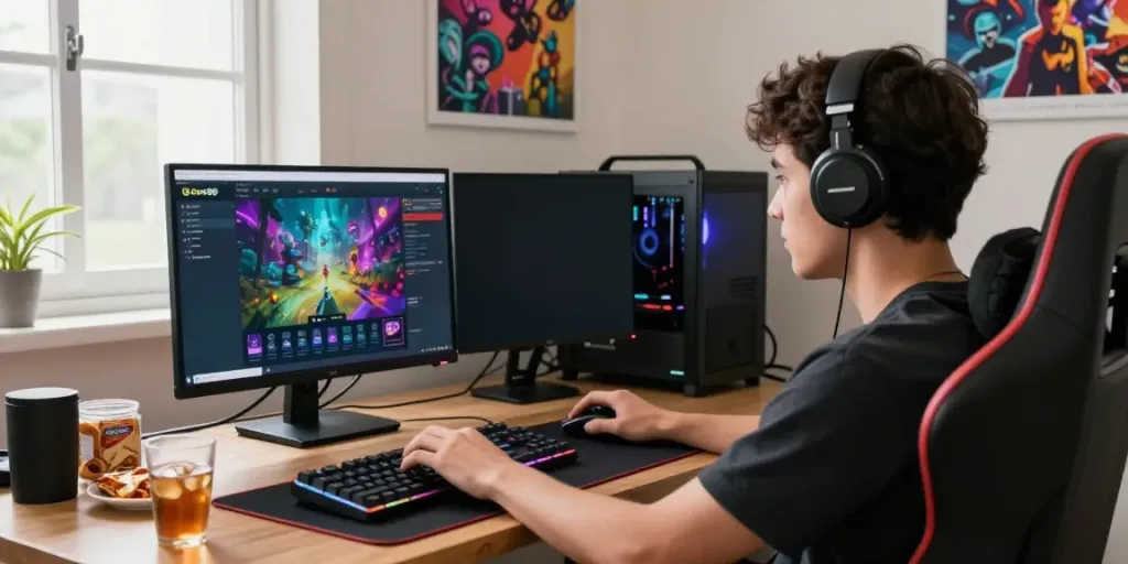 Engaged gamer using davo88 platform on laptop in modern gaming setup.