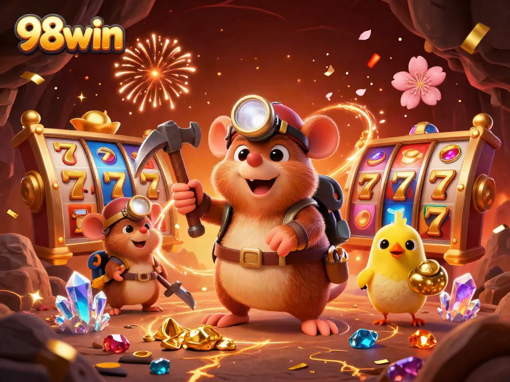 Win big with 98win in a vibrant casino scene featuring treasure hunter characters.