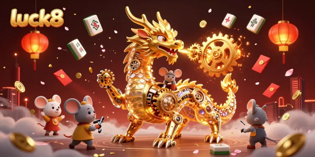 Experience luck8's thrilling gaming world through a golden dragon and exciting casino elements.
