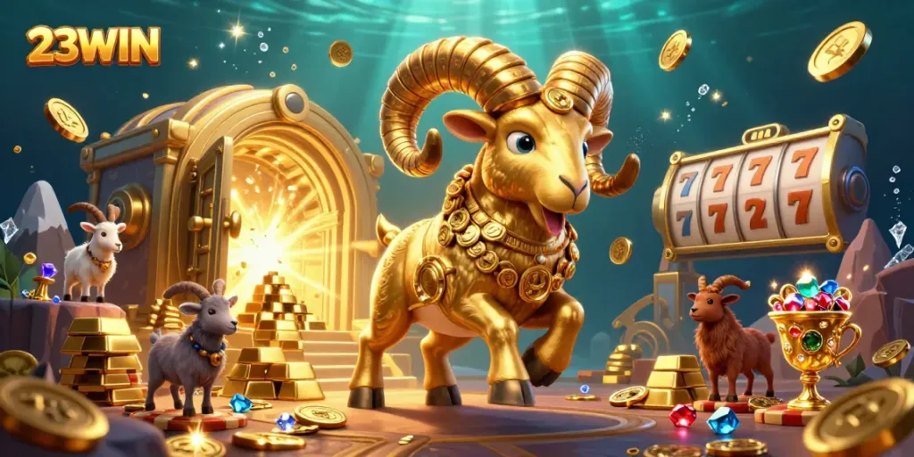 Experience the thrill of winning with 23WIN's vibrant gaming scene featuring a golden ram and slot elements.
