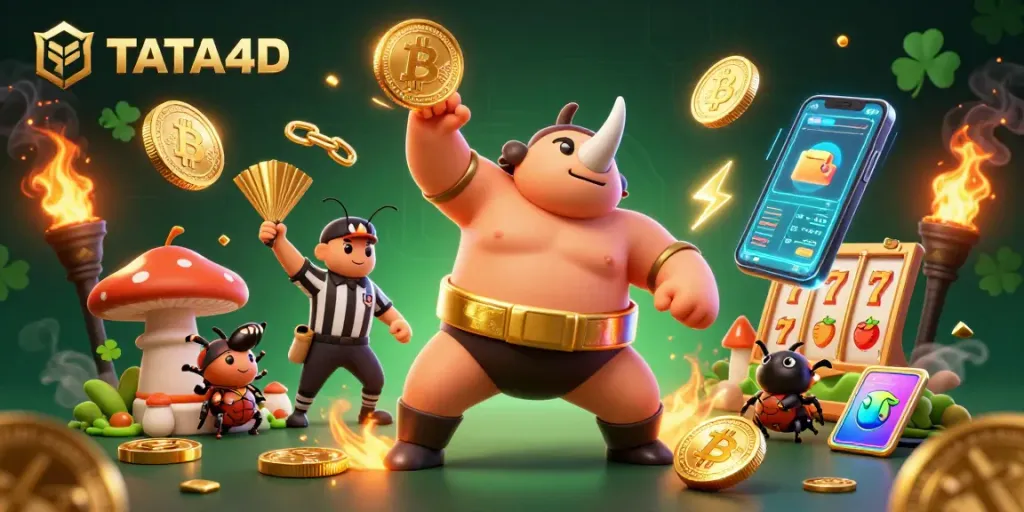 TATA4D champions thrill with golden coins amidst a vibrant crypto casino scene.