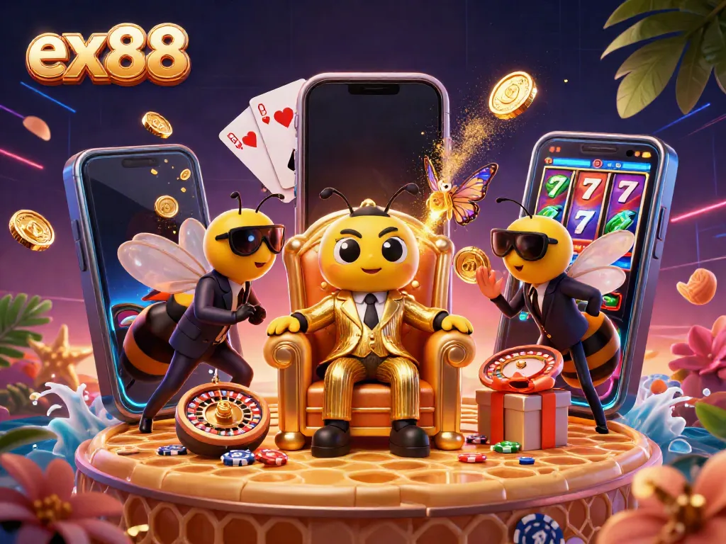Spin the reels with ex88's vibrant casino scene featuring a bumblebee mob boss and exciting games.