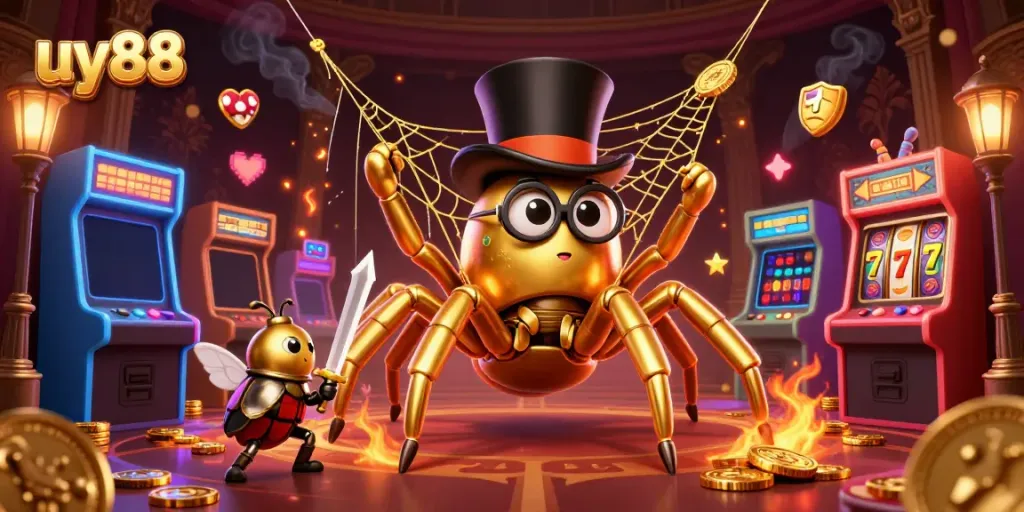 Engage in the excitement of uy88 with a vibrant, dynamic casino scene showcasing characters and gaming elements.