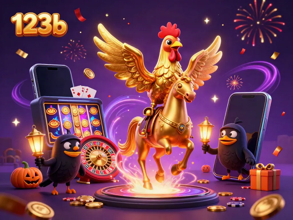 Join the thrilling action at 123b as a golden rooster rides the spectral casino night, showcasing vibrant gaming elements.