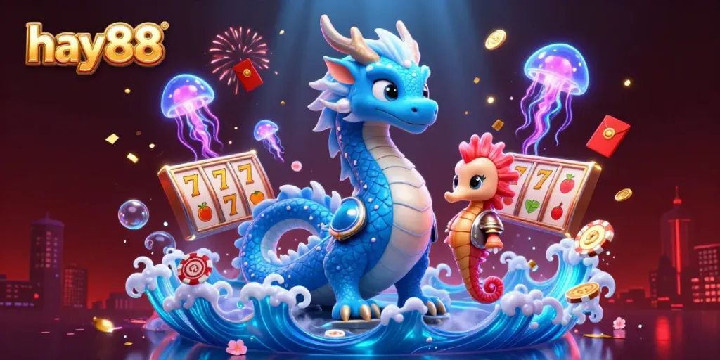 Engage with hay88's 3D casino fantasy featuring a majestic water dragon, seahorse knight, and vibrant gaming elements.
