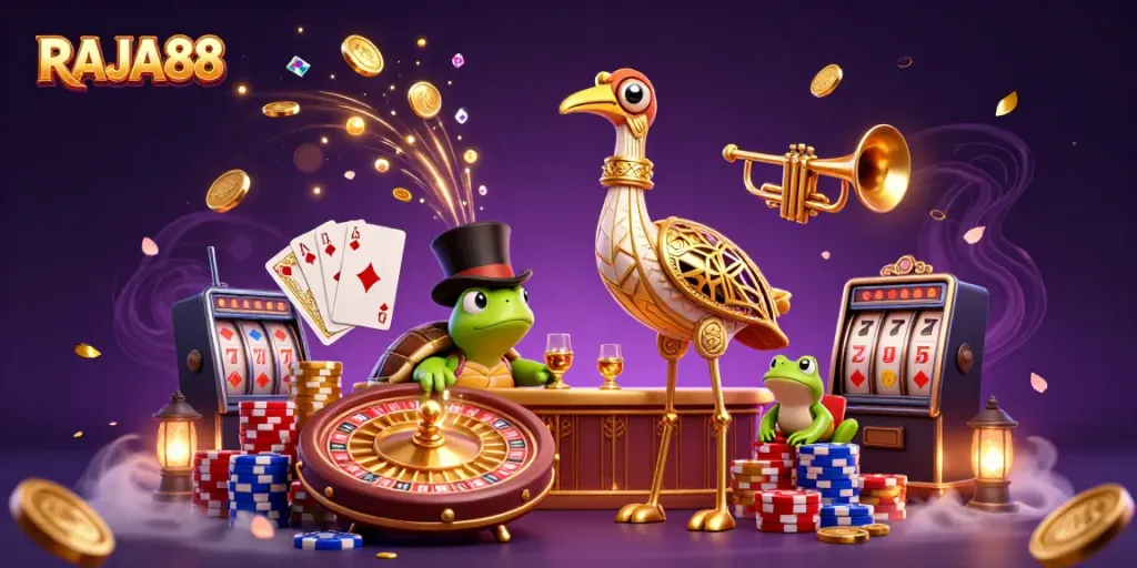 Experience RAJA88 with exciting gameplay featuring a flapper crane, turtle, and frog in a vibrant casino scene.