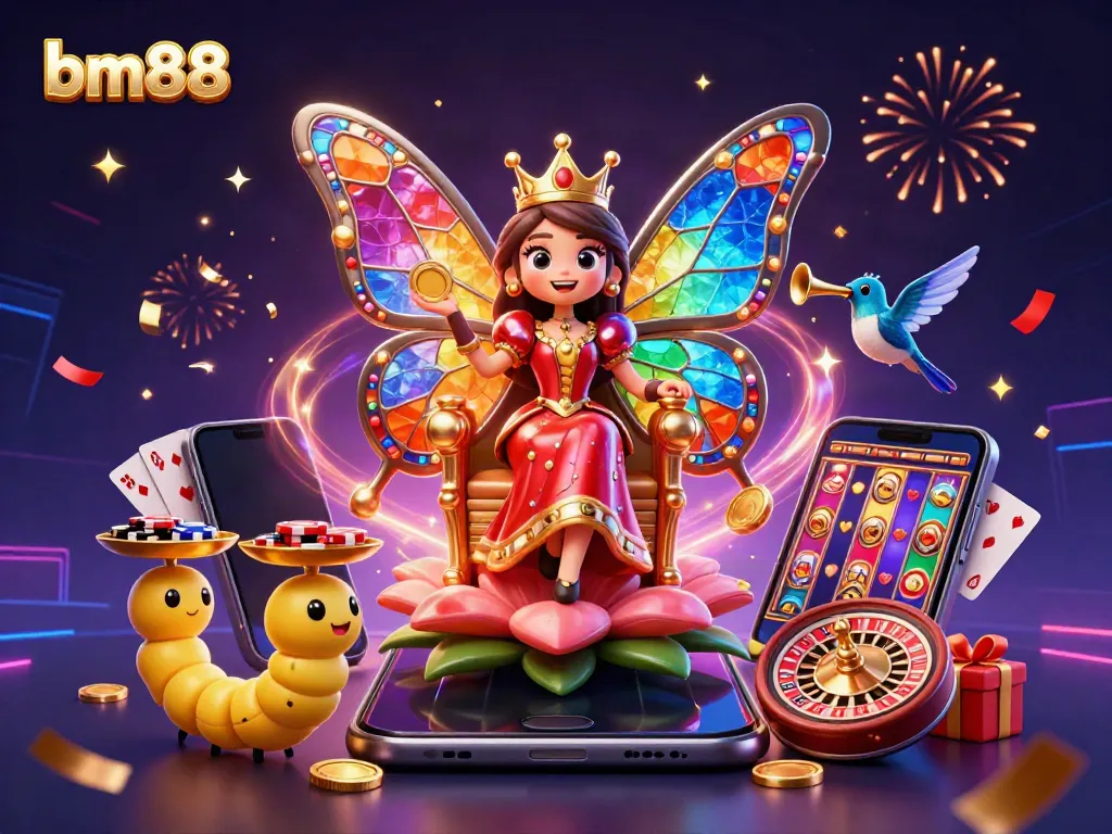 Engage with the vibrant casino scene featuring the bm88 butterfly queen amidst a celebration of poker chips and slot games.