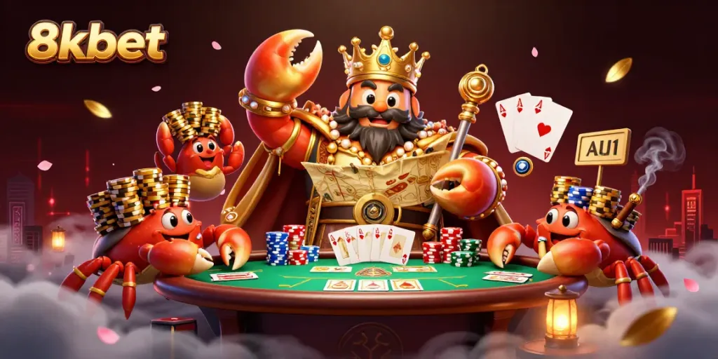 Experience excitement at 8xbet with a lavish casino scene featuring a golden crab emperor and poker elements.