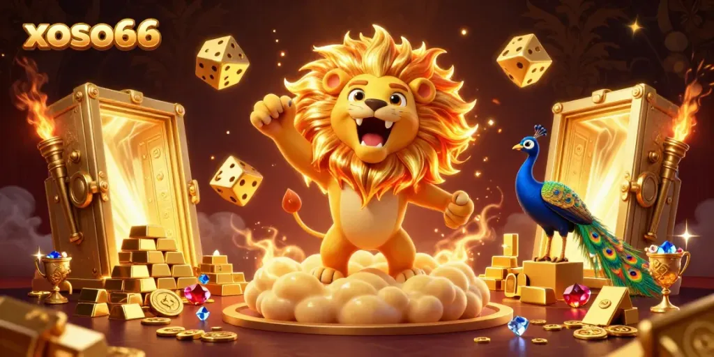 xoso66 casino scene with a roaring sun lion, gold bars, and sparkling gems