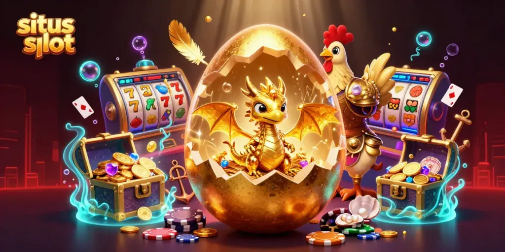 Gambarlah situs slot dengan naga emas, simbol buah, dan chip poker untuk menarik pemain.